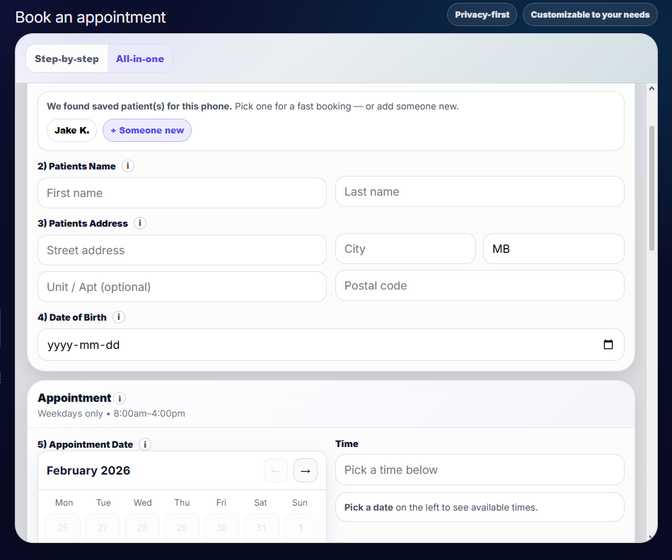 All-in-one booking mode (everything on one screen)