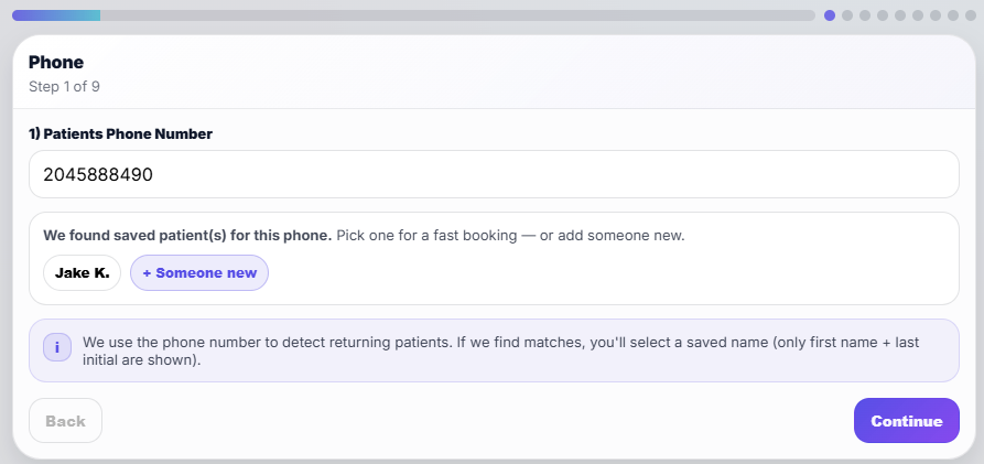 Returning patient privacy-first flow (minimal re-entry)