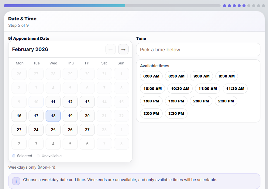 Live availability slots and smart time selection